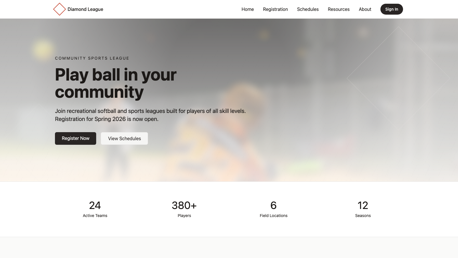 Minimal public league website template preview.
